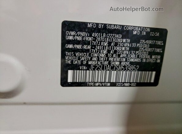 JF2SLDAC7SH539852 2025 SUBARU FORESTER White Widok naklejki z numerem VIN