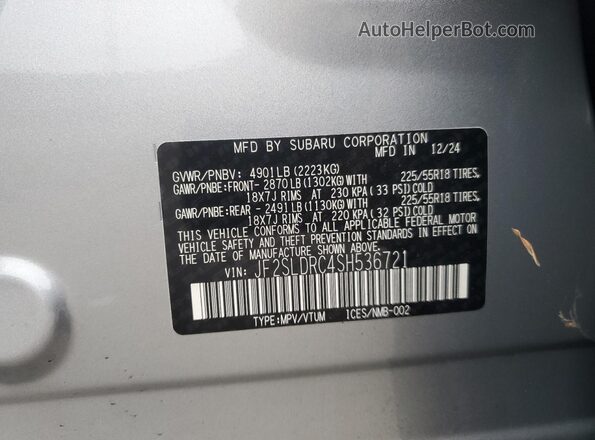 JF2SLDRC4SH536721 2025 SUBARU FORESTER Silver VIN კოდის სტიკერის ხედი