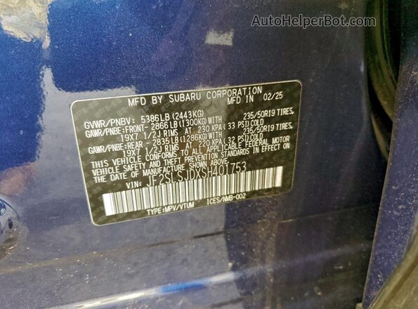 JF2SLSJDXSH401753 2025 SUBARU FORESTER Blue Widok wnętrza 360 stopni