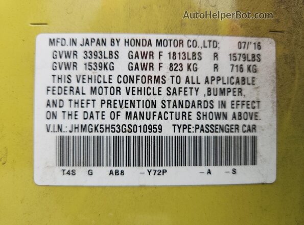 JHMGK5H53GS010959 2016 HONDA FIT Yellow Widok komory silnika
