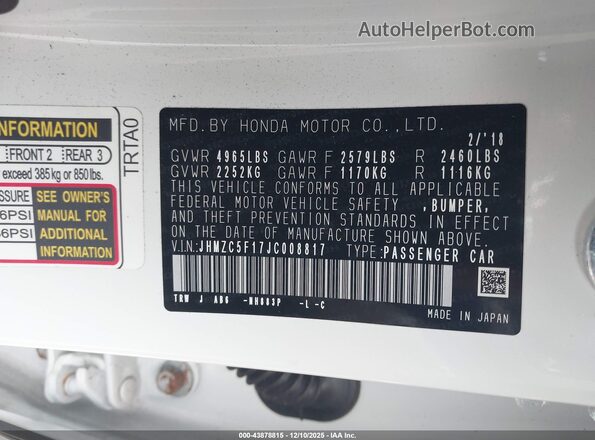 JHMZC5F17JC008817 2018 HONDA CLARITY PLUG-IN HYBRID White ძრავის განყოფილების ხედი