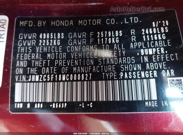 JHMZC5F18MC000827 2021 HONDA CLARITY PLUG-IN HYBRID Burgundy Vista del compartimento del motor