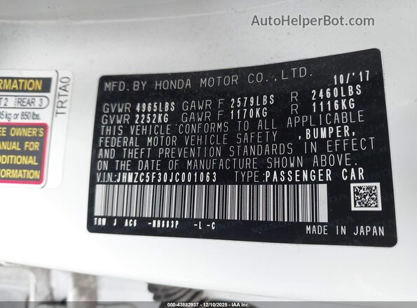 JHMZC5F30JC001063 2018 HONDA CLARITY PLUG-IN HYBRID White Engine compartment view