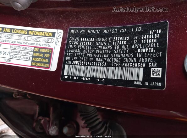 JHMZC5F32JC017653 2018 HONDA CLARITY PLUG-IN HYBRID Maroon Engine compartment view