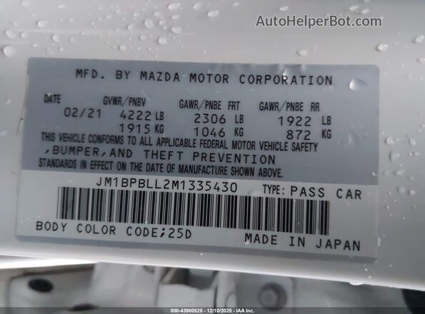 JM1BPBLL2M1335430 2021 MAZDA 3 White ძრავის განყოფილების ხედი