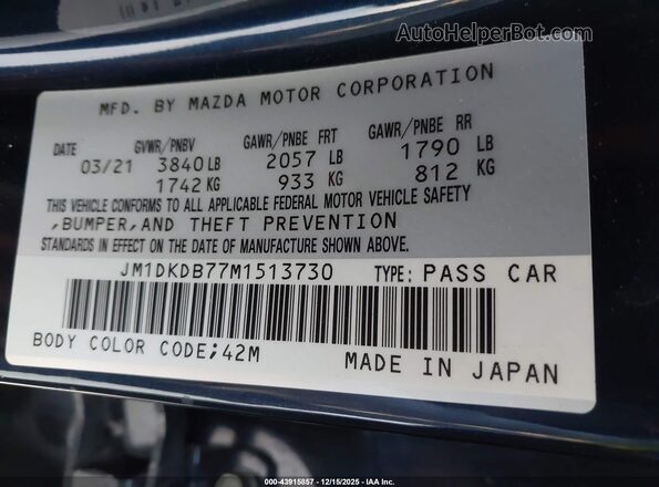 JM1DKDB77M1513730 2021 MAZDA CX-3 Blue Vista del compartimento del motor