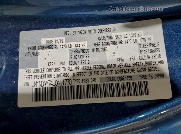 JM1NDAM74L0411770 2020 MAZDA MX-5 Синий Вид наклейки с VIN-кодом