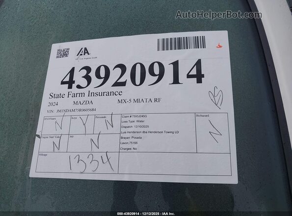 JM1NDAM75R0605684 2024 MAZDA MX-5 MIATA RF White Vista del cuadro de instrumentos