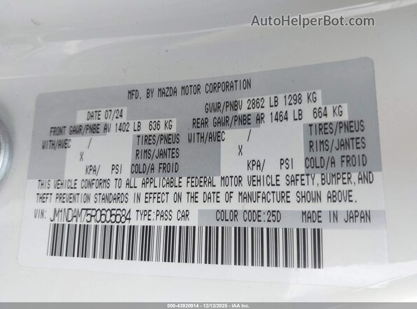 JM1NDAM75R0605684 2024 MAZDA MX-5 MIATA RF White Vista del compartimento del motor