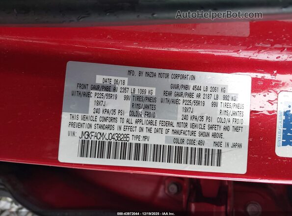 JM3KFACMXJ0438285 2018 MAZDA CX-5 Red Widok komory silnika