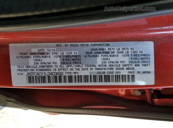 JM3TCACY1L0403492 2020 MAZDA CX-9 Red Вид наклейки з VIN-кодом