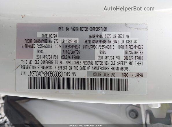 JM3TCACY8M0508063 2021 MAZDA CX-9 White ძრავის განყოფილების ხედი