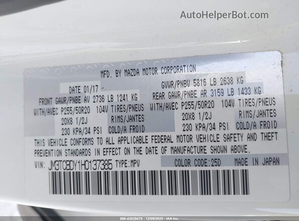 JM3TCBDY1H0137385 2017 MAZDA CX-9 White Vista del compartimento del motor