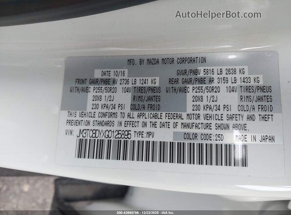 JM3TCBDYXG0125895 2016 MAZDA CX-9 White Widok komory silnika