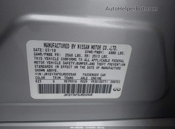 JN1EV7AP0LM200548 2020 INFINITI Q50 Silver Widok komory silnika