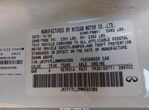 JN1FV7LL8MM560389 2021 INFINITI Q60 White Widok komory silnika