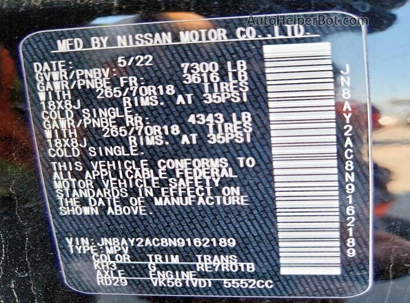 JN8AY2AC8N9162189 2022 NISSAN ARMADA Black Widok naklejki z numerem VIN