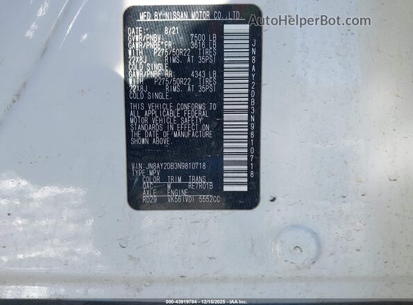 JN8AY2DB3N9810718 2022 NISSAN ARMADA Белый Вид подкапотного пространства