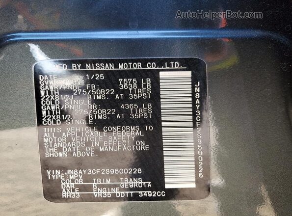 JN8AY3CF2S9500226 2025 NISSAN ARMADA Зеленый Вид наклейки с VIN-кодом