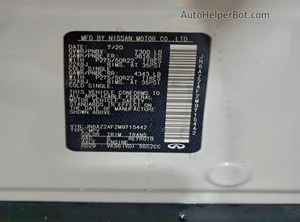 JN8AZ2AF2M9715442 2021 INFINITI QX80 White Вид наклейки з VIN-кодом