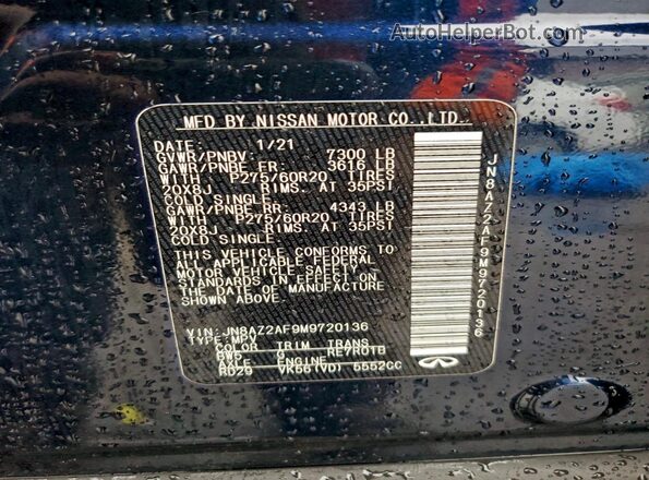 JN8AZ2AF9M9720136 2021 INFINITI QX80 Синий Вид наклейки с VIN-кодом