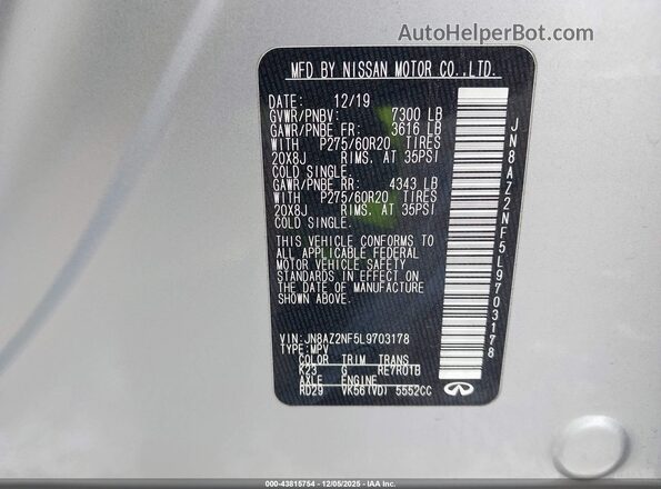 JN8AZ2NF5L9703178 2020 INFINITI QX80 Silver Widok komory silnika