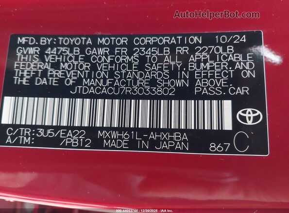 JTDACACU7R3033802 2024 TOYOTA PRIUS PRIME Red Vista del compartimento del motor