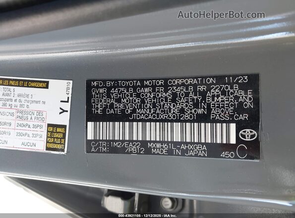 JTDACACUXR3012801 2024 TOYOTA PRIUS PRIME Gray Vista del compartimento del motor