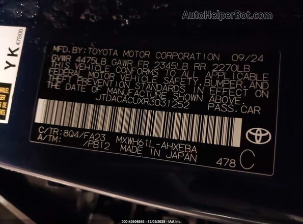 JTDACACUXR3031252 2024 TOYOTA PRIUS PRIME Синий Вид подкапотного пространства