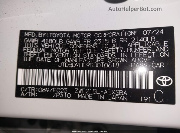 JTDBDMHE9RJ010618 2024 TOYOTA LL White Widok komory silnika