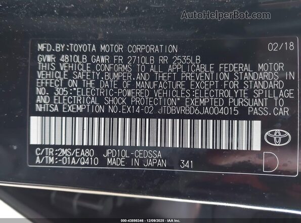 JTDBVRBD6JA004015 2018 TOYOTA MIRAI Black Widok komory silnika