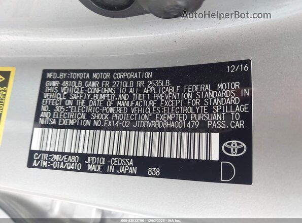 JTDBVRBD8HA001479 2017 TOYOTA MIRAI Black ძრავის განყოფილების ხედი