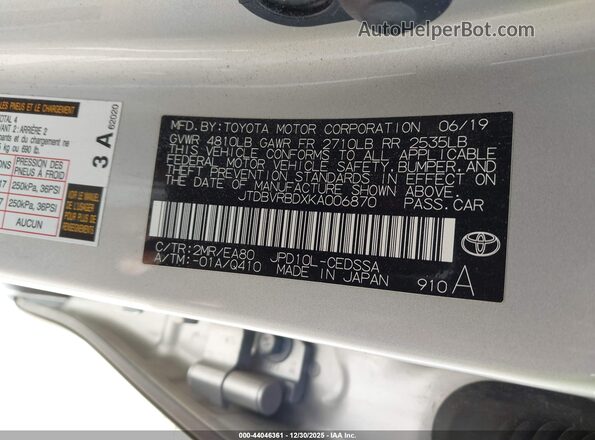 JTDBVRBDXKA006870 2019 TOYOTA MIRAI Gray Vista del compartimento del motor