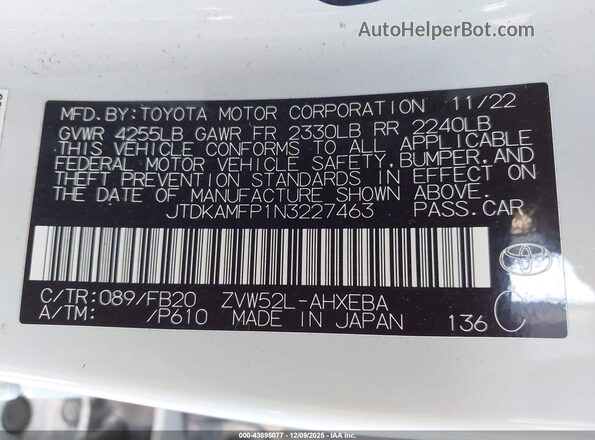 JTDKAMFP1N3227463 2022 TOYOTA LE Белый Вид подкапотного пространства