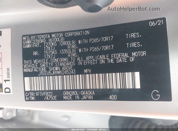 JTEEU5JR9M5245243 2021 TOYOTA 4RUNNER Silver Engine compartment view