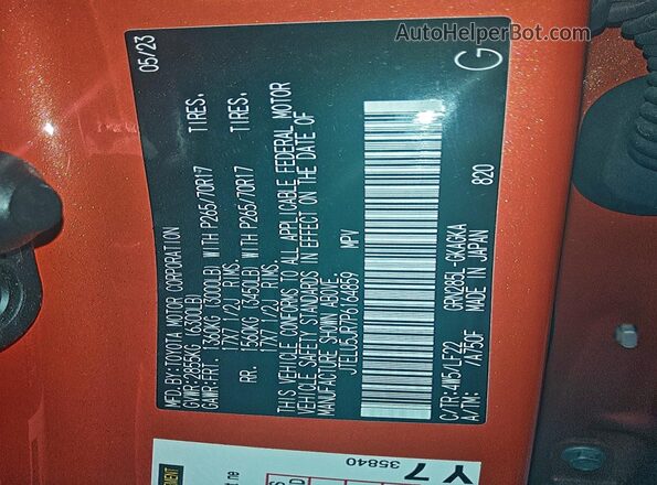 JTELU5JR7P6164859 2023 TOYOTA 4RUNNER Orange Widok naklejki z numerem VIN