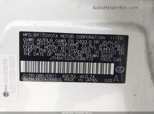 JTHBA1D22K5088772 2019 LEXUS IS 300 White Вид підкапотного простору