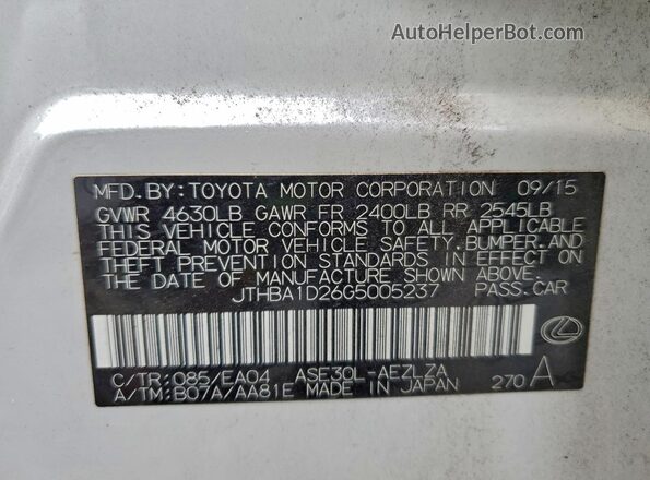JTHBA1D26G5005237 2016 LEXUS IS Белый Вид наклейки с VIN-кодом