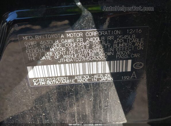 JTHBA1D27H5043352 2017 LEXUS IS 200T Black Widok komory silnika