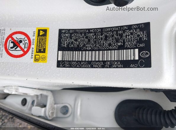 JTHBK1GG7G2224682 2016 LEXUS ES 350 White Vista del compartimento del motor
