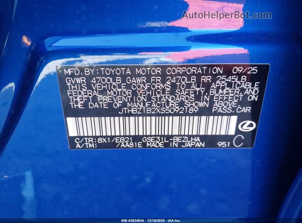 JTHBZ1B2XS5092189 2025 LEXUS IS 350 Синий Вид подкапотного пространства
