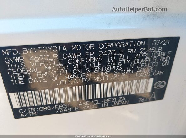 JTHCA1D21M5117413 2021 LEXUS IS 300 White Widok komory silnika