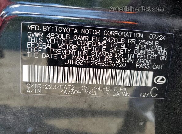 JTHGZ1E2XR5036720 2024 LEXUS IS Черный Вид наклейки с VIN-кодом