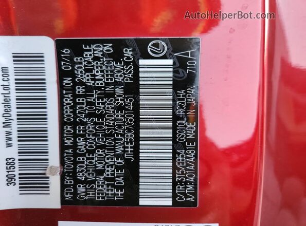 JTHHE5BC7G5014451 2016 LEXUS RC Red VIN sticker view
