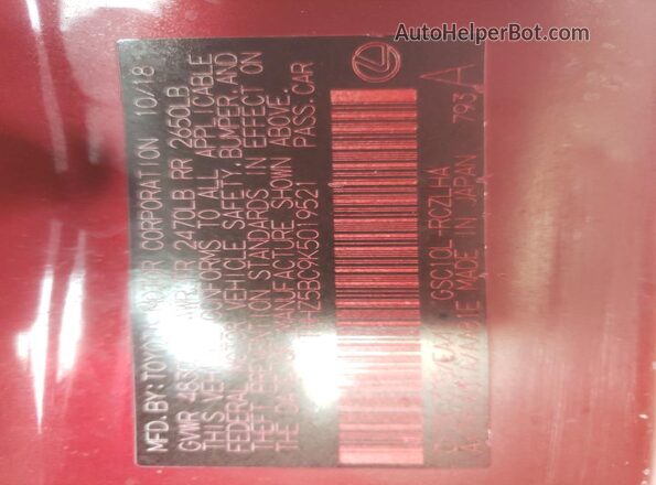JTHHZ5BC9K5019521 2019 LEXUS RC Red Widok naklejki z numerem VIN