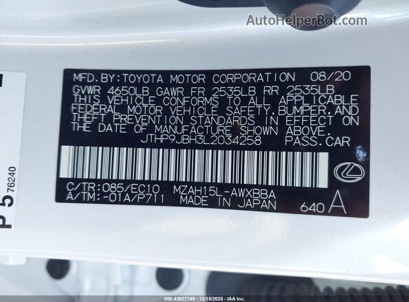 JTHP9JBH3L2034258 2020 LEXUS UX 250H White Widok komory silnika