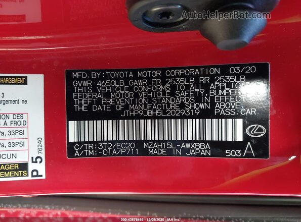 JTHP9JBH5L2029319 2020 LEXUS UX 250H Red Widok komory silnika