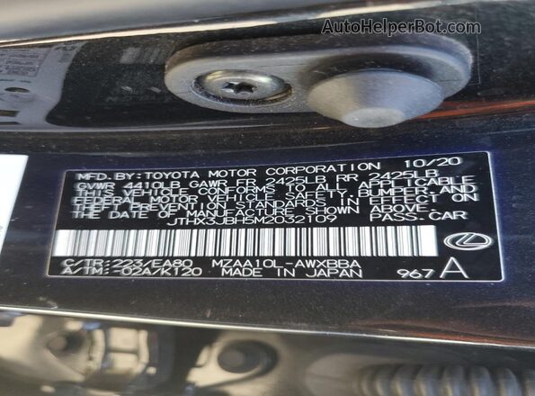 JTHX3JBH5M2032109 2021 LEXUS UX Charcoal Vista de la etiqueta del VIN