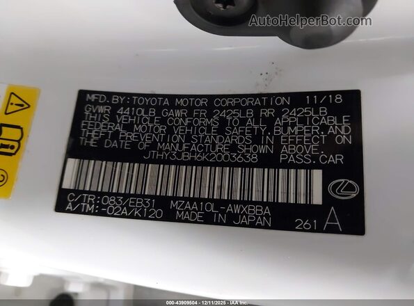 JTHY3JBH6K2003638 2019 LEXUS UX 200 White Engine compartment view