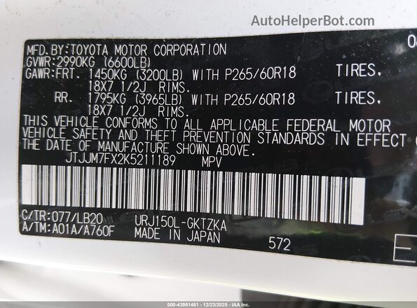 JTJJM7FX2K5211189 2019 LEXUS GX 460 Белый Вид подкапотного пространства
